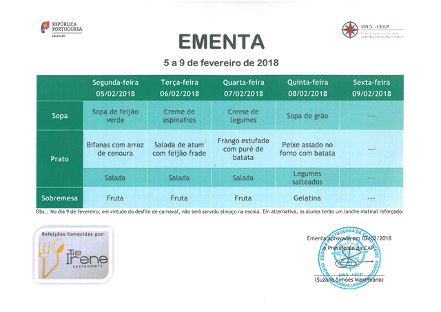 EMENTA DE 5 DE FEVEREIRO A 9 DE FEVEREIRO